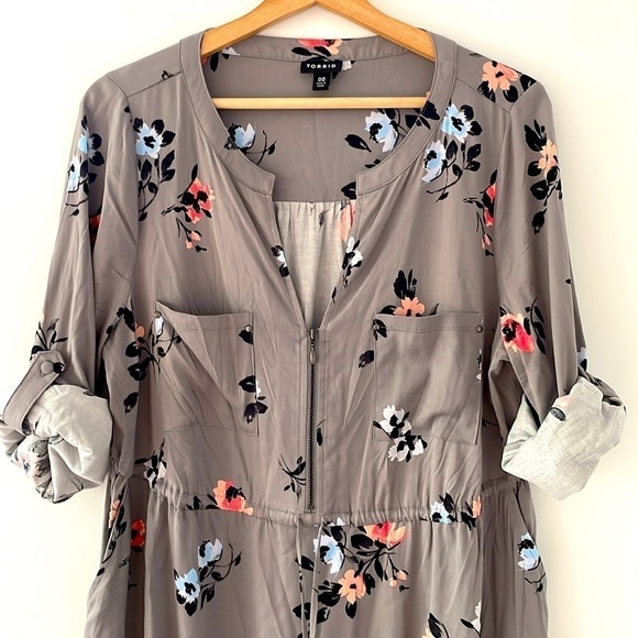 Torrid Floral Challis Zip Front Drawstring Shirt Dress Longsleeves Medium 10 - Picture 3 of 7